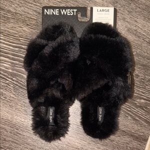 Nine West Black Faux Fur Slide Slippers